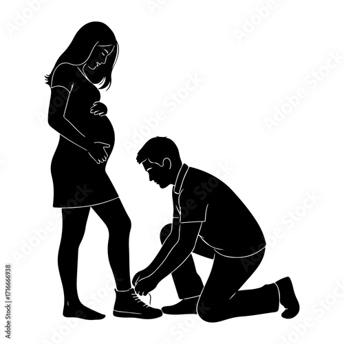 Pregnant woman and man tying shoe couple silhouette