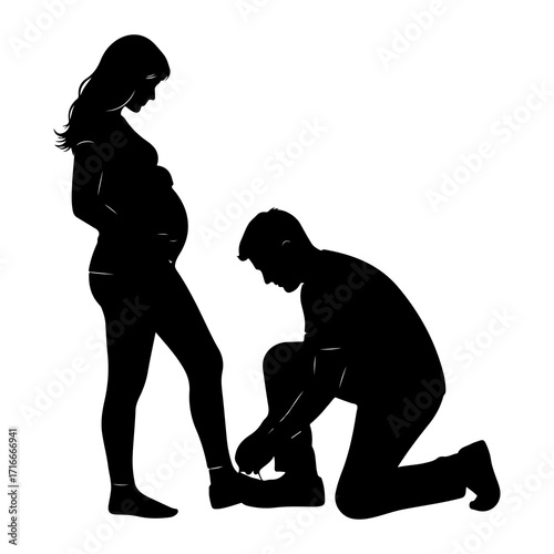 Pregnant woman assisted by partner tying shoe pregnant couple
