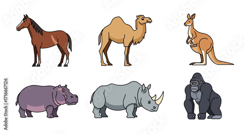 Collection of six different animals including a horse, camel, kangaroo, hippopotamus, rhinoceros, and gorilla, isolated on white background