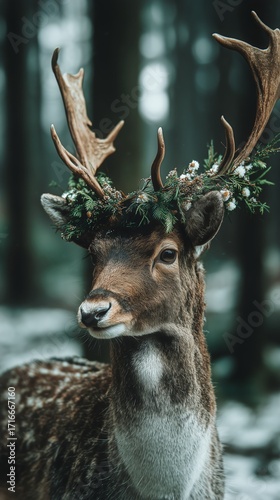 Deer Wearing a Crown of Flowers in a Pristine Forest Setting During Winter Se...
