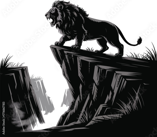 Lion on Cliff Illustration Isolated Art, Wildlife Predator Feline Design, Grayscale Drawing