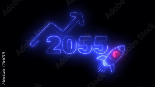 Wallpaper Mural Blue neon 2055 year with upward arrow graph and rocket ship icon on black background new year Torontodigital.ca