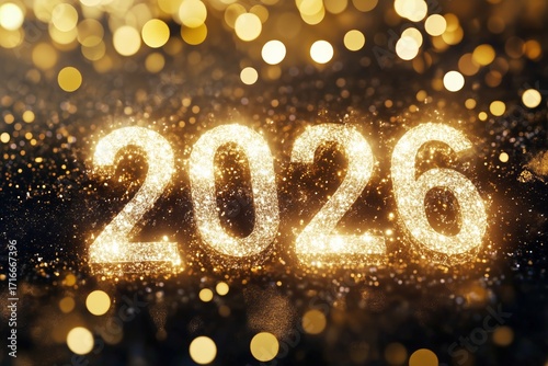 Bright Golden Numbers Shining for the Year 2026 on a Sparkling Background.