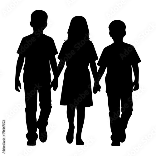 Three children holding hands walking siblings family