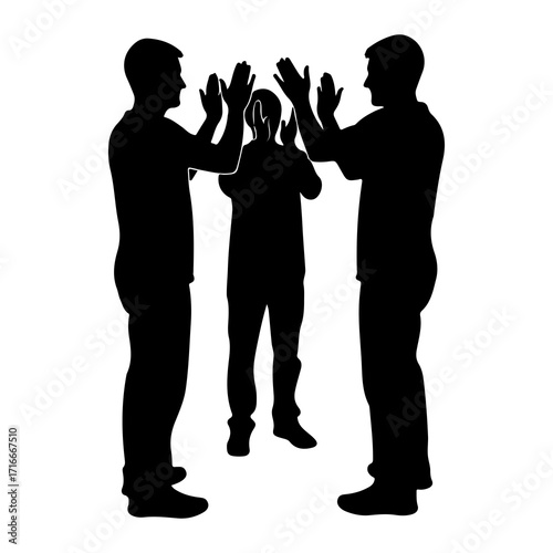 Three men clapping hands silhouette celebration
