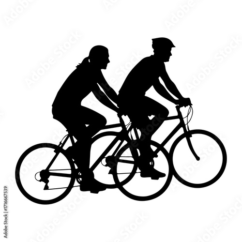 Two cyclists riding bicycles silhouette outdoor