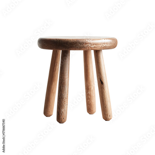 wooden stool with three rounded legs and smooth circular seat isolated on a transparent background, in a PNG format