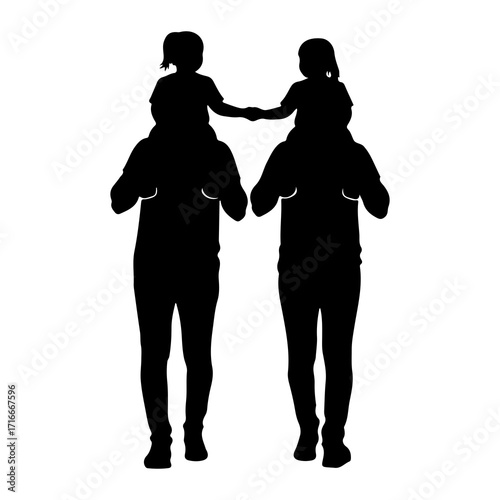 Two fathers carrying children on shoulders silhouette