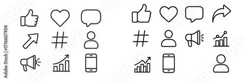 Icons representing social media engagement and communication trends in digital platforms