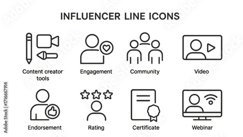 Influencer line icons showcasing various aspects of content creation and engagement in a digital community