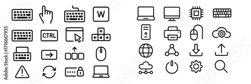 Various technology symbols and icons illustrating computer functions and equipment in a simple line design