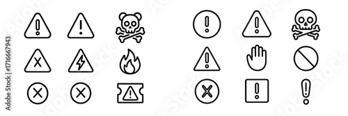Warning signs and symbols used for safety and hazard communication in various situations