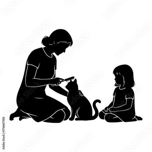 Woman brushing cat with child watching silhouette