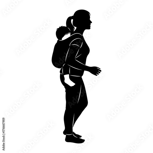 Woman carrying baby in sling silhouette carrier