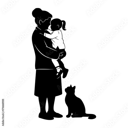 Woman holding child with cat silhouette embrace