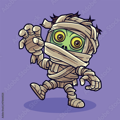 Spooky Mummy Walking Forward Vector Illustration. Isolated Cartoon People Holiday Object Icons.