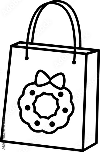 Christmas shopping bag with wreath pattern outline vector.
Christmas gift bag icon.
Transparent background.
