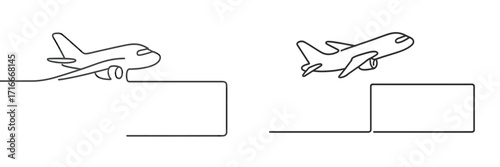 Airplane taking off and landing in a simplified line art design representing flight and travel