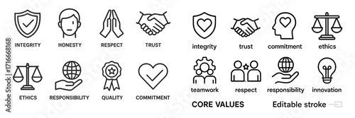Core values in business represented by simple icons emphasizing integrity, trust, responsibility, and ethical standards