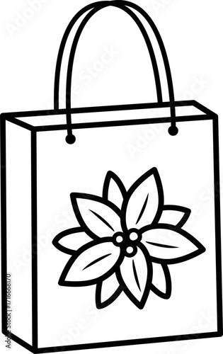 Christmas shopping bag with poinsettia pattern outline vector.
Christmas gift bag icon.
Transparent background.