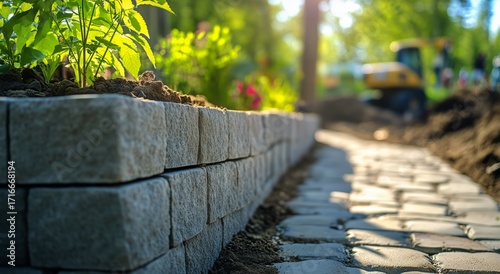 Landscaping Project With Stone Pathway and Colorful Plants in a Sunny Outdoor...