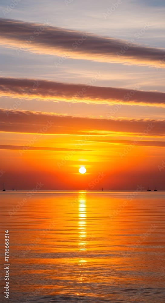 Fototapeta premium Vibrant orange sunset over calm ocean water with scattered sailboats under striped clouds