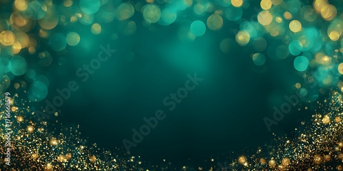 Festive emerald green and gold glitter bokeh background with sparkling lights, perfect for christmas, new year, or special occasion designs