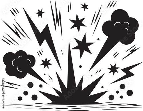 Comic Explosion Blast with Smoke Clouds and Star Effect