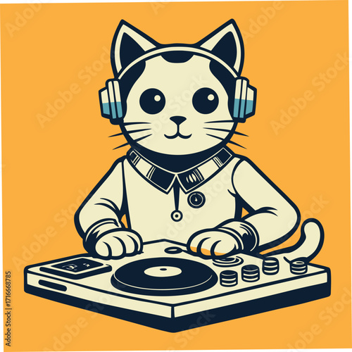 Black and white cat DJ wearing headphones and operating a record player and mixer Keywords: cat, dj, music