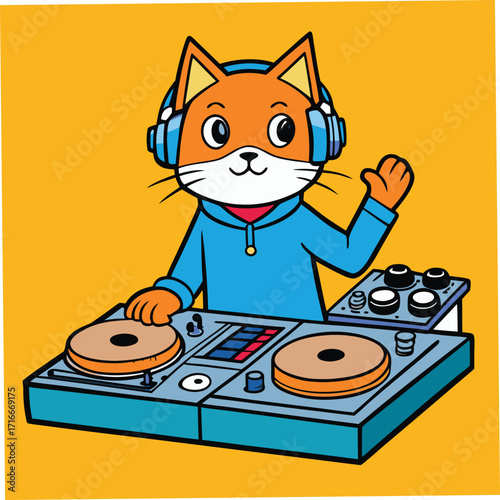 Cartoon Orange Cat DJ Wearing Headphones and Blue Hoodie Playing Music Keywords: cat, dj, music