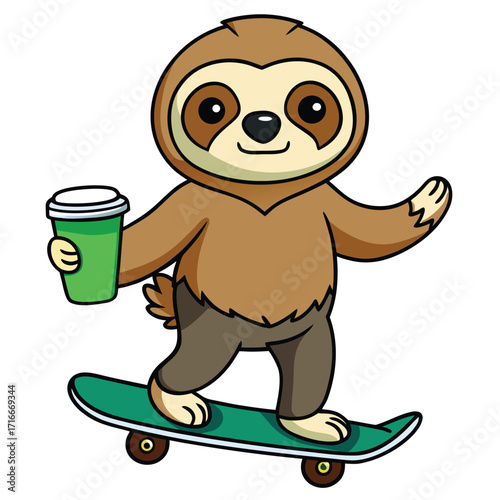 Cartoon sloth on a skateboard holding a green coffee cup Keywords: sloth, skateboarding, coffee, drink, cup