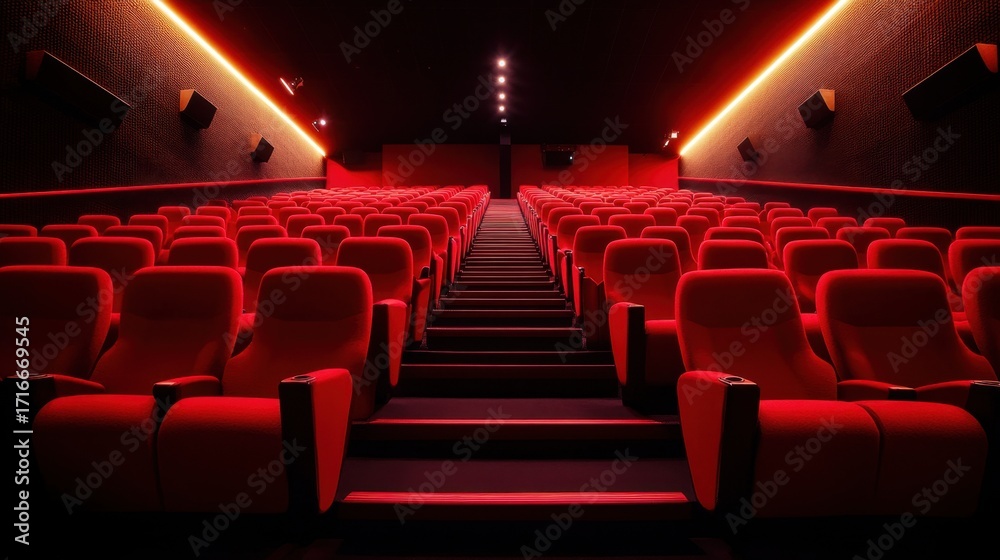 Fototapeta premium Empty red-seated movie theater with glowing lights in dark auditorium
