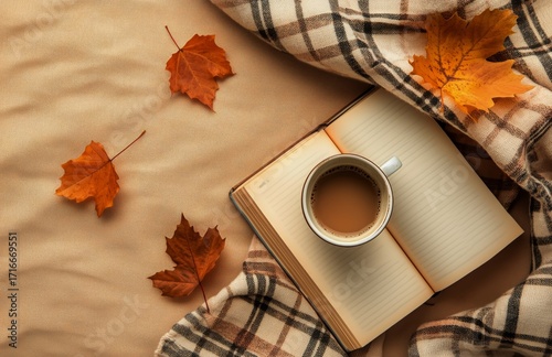 Cozy Autumn Scene With a Warm Drink and Open Book on Soft Fabric
