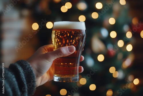 Toasting With a Beer in Front of a Festive Christmas Tree With Lights in the ...