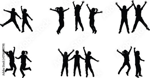 Vector silhouettes of happy children jumping for joy, symbolizing freedom, success, and happiness.