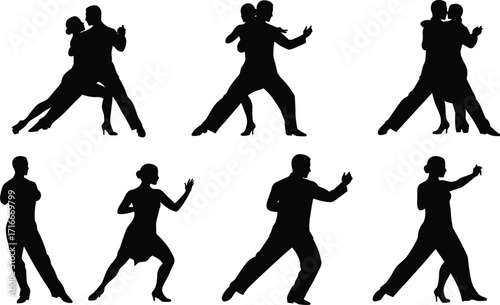 Vector silhouettes of passionate tango dancers, depicting elegant couples and individual performance.