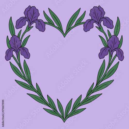 Botanical illustration of purple flowers arranged in a heart shape