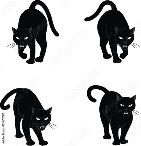 Four black cats in dynamic poses showcasing movement and agility for halloween or spooky themes