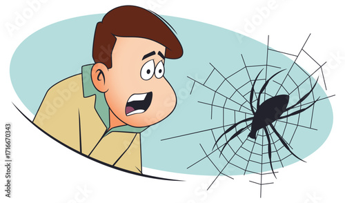 Man afraid of spiders. Man with arachnophobia.