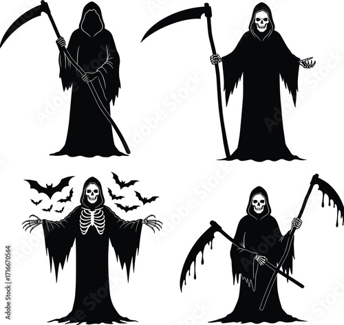Four grim reaper figures with scythes ready for a spooky halloween celebration