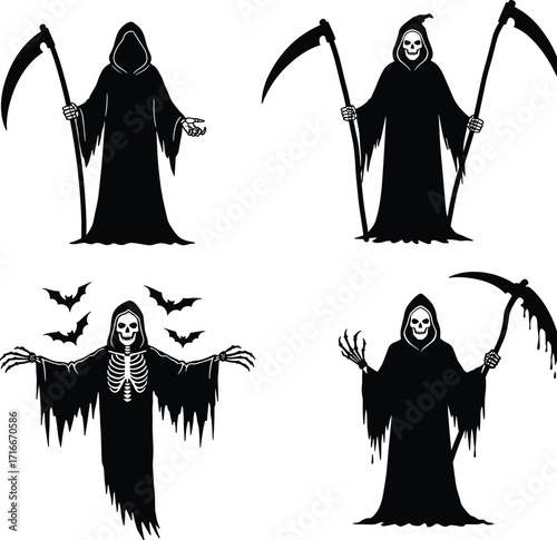Four grim reaper silhouettes with scythes for spooky themed designs and halloween decorations
