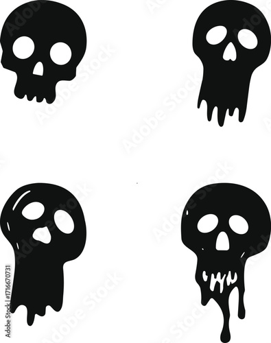 Four hand drawn skull icons with dripping effect for halloween and gothic designs
