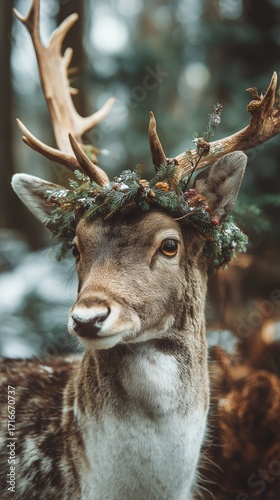 Deer Wearing a Crown of Flowers in a Pristine Forest Setting During Winter Se...