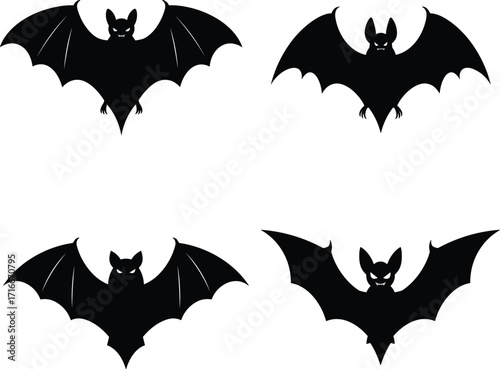 Four silhouette bat icons flying in night sky for halloween decorations and spooky party themes