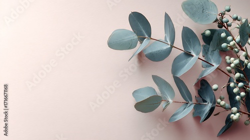 Eucalyptus branch with berries on a pastel pink background, creating a soft and calming botanical composition with copy space