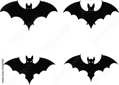 Four silhouetted bats flying with spooky halloween decorations and party supplies