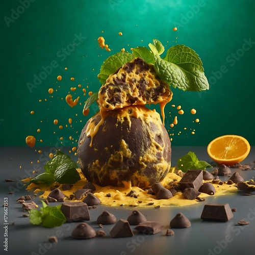 Chocolate orange dessert with mint garnish delicious food photog