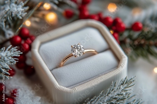 Engagement Ring Displayed on a White Cushion Surrounded by Holiday Decoration...
