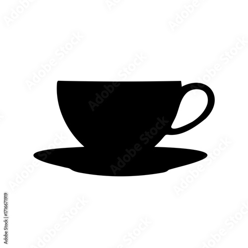 Elegant black silhouette of a teacup and saucer isolated on white background