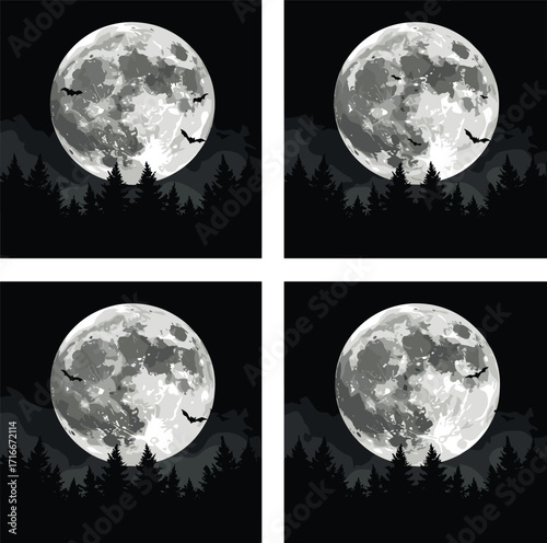 Four spooky halloween scenes with full moon bat silhouettes and haunted trees